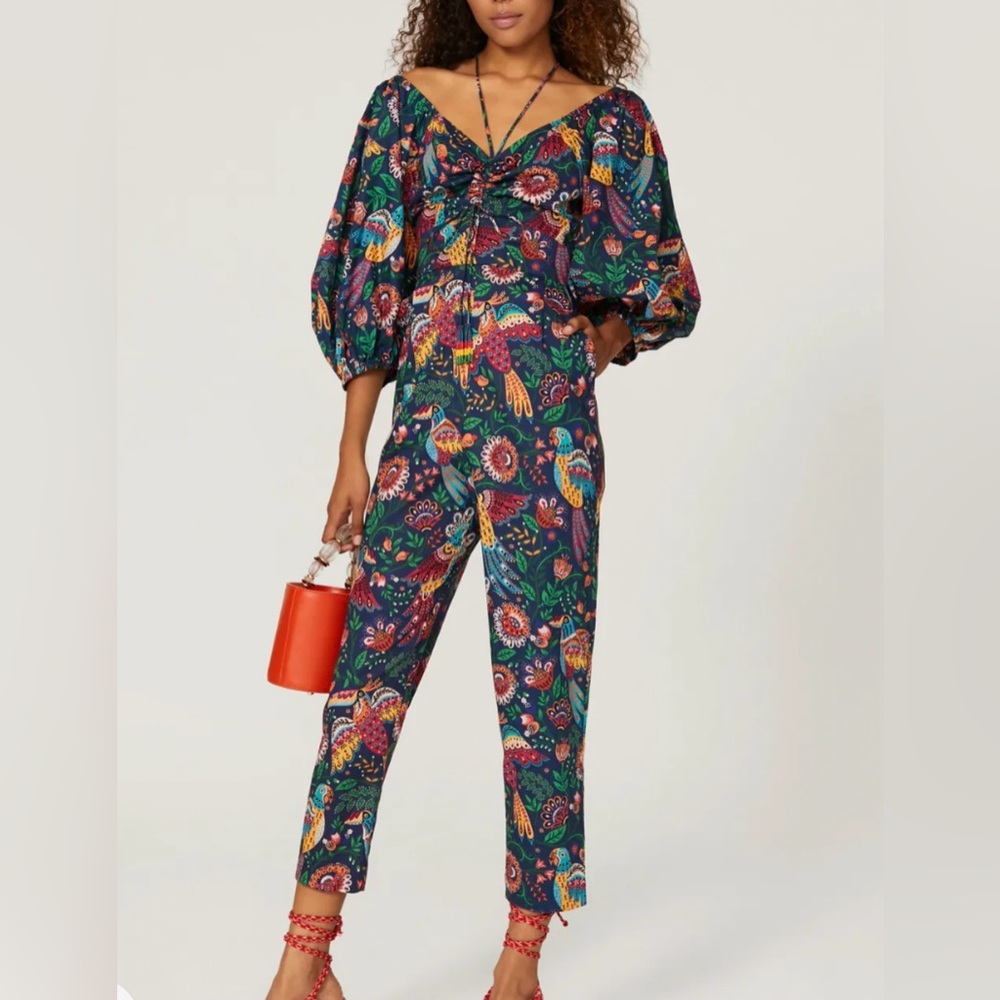 Farm Rio Tropical Birds Jumpsuit Size S Boho Puff Sleeve Resort Brunch Cotton